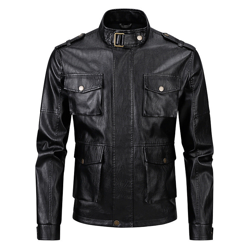 Men's military jacket made of synthetic leather with practical pockets and high collar Lisslune