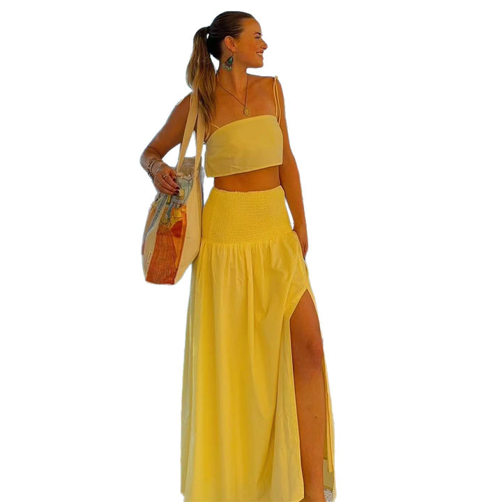Women's two-piece set with elastic top and flared maxi skirt