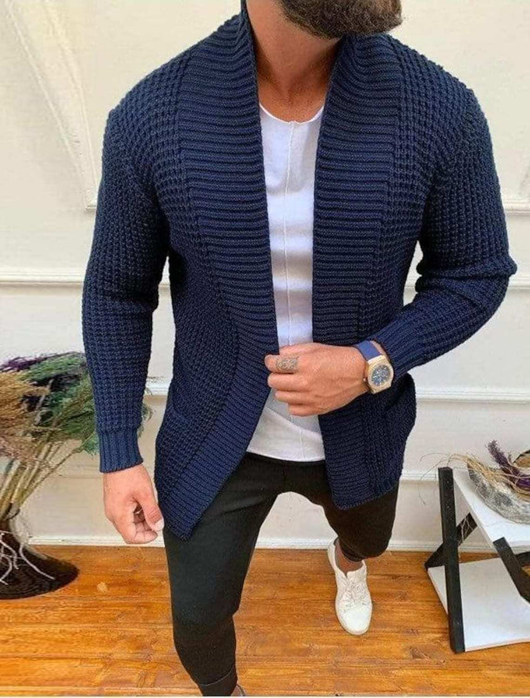 Men's cardigan with deep collar and textured design Lisslune