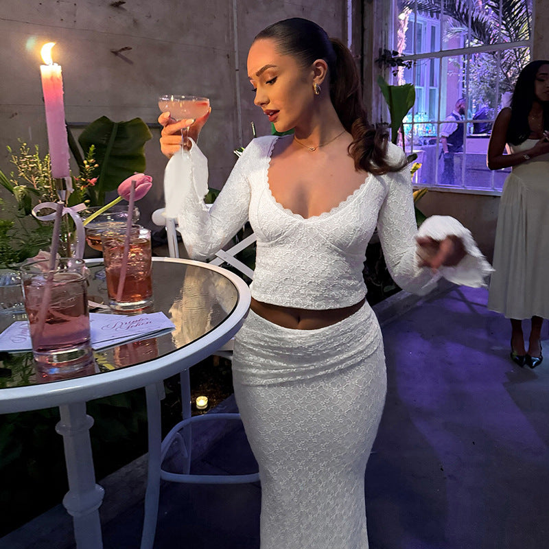 Ladies Elegant Lace Dress with Voluminous Sleeves and Deep V-Neck