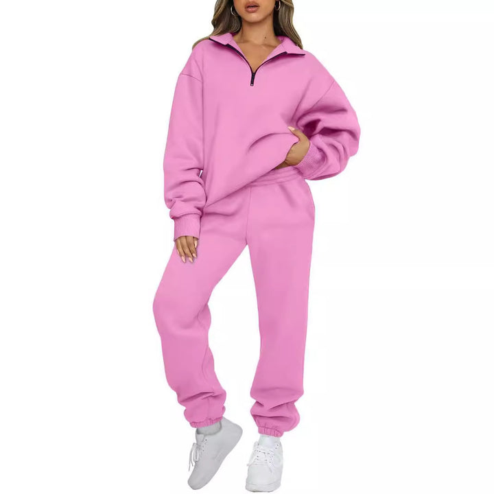 Women's comfortable sweatpants set with modern stand-up collar and kangaroo pocket Lisslune