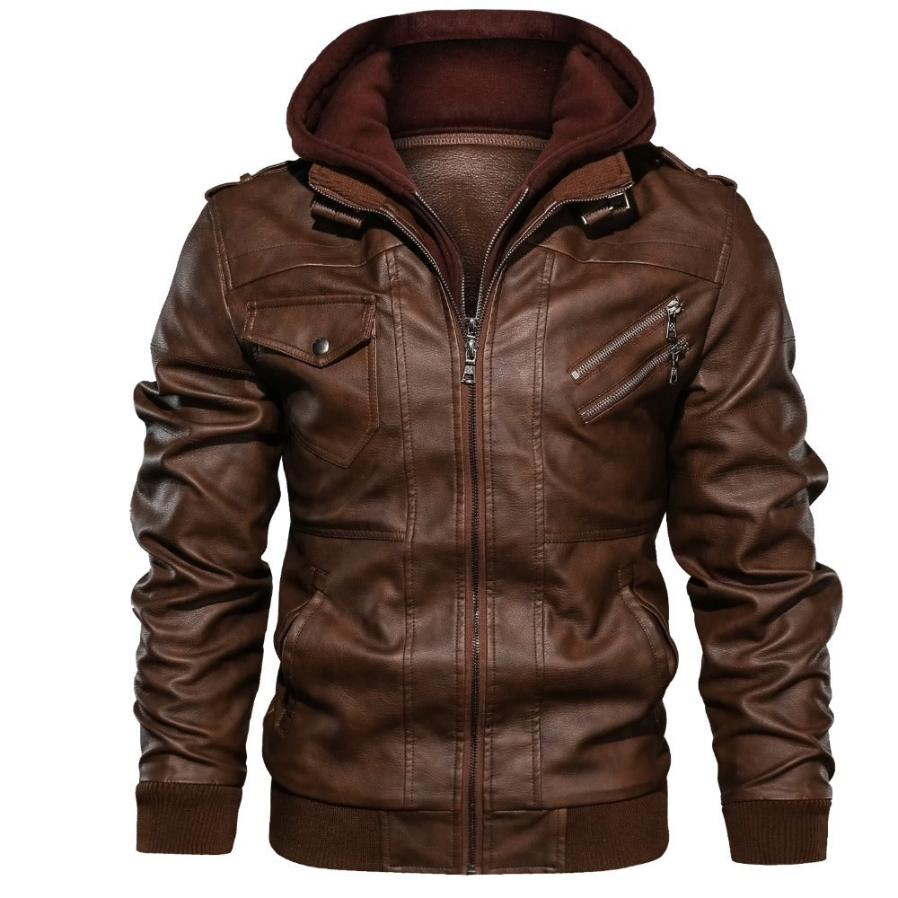 Men's Cool Leather Jacket with Integrated Hood and Versatile Pockets Lisslune