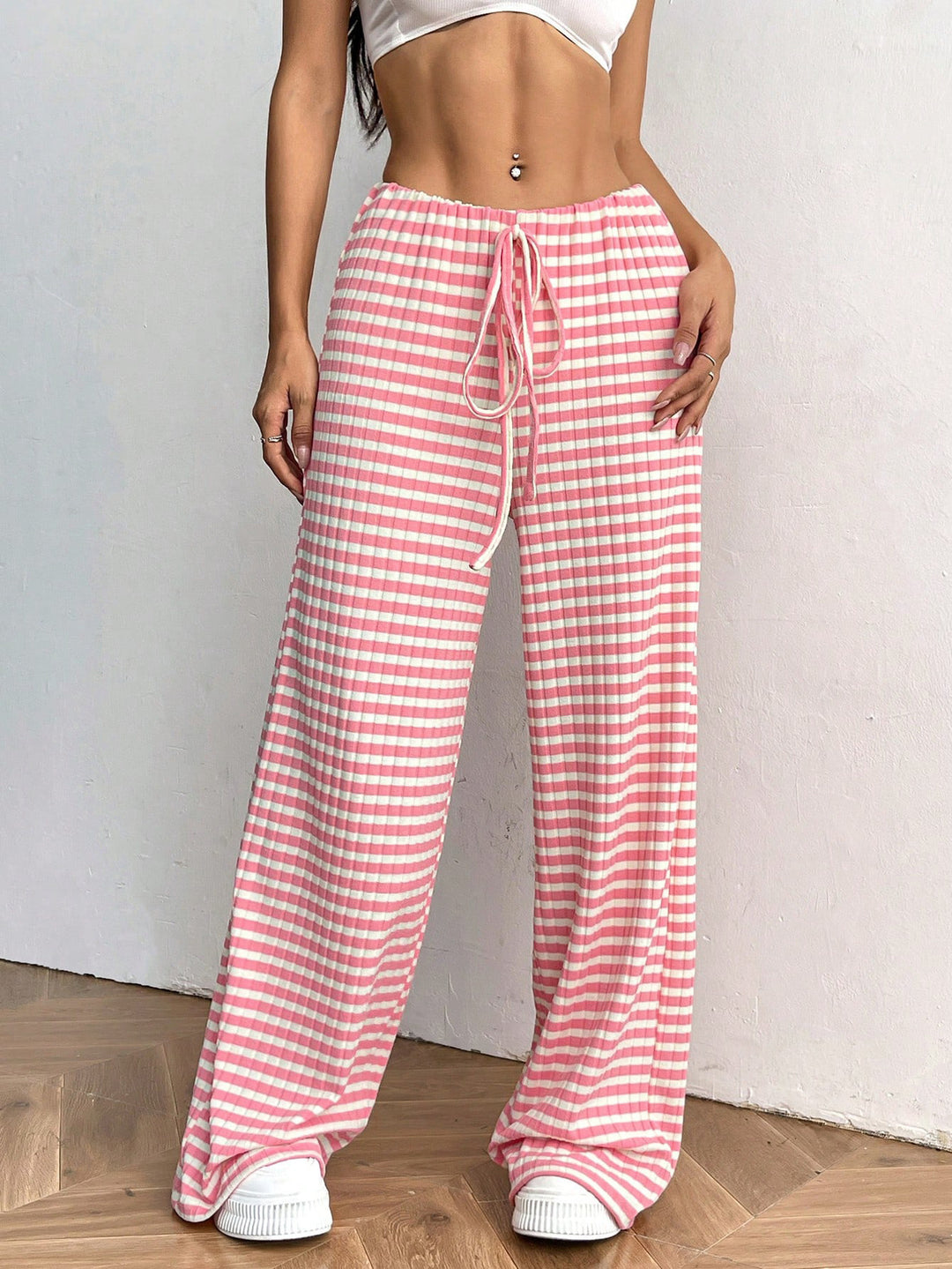 Women’s Casual Wide-Cut Striped Trousers with Elastic Waist Lisslune