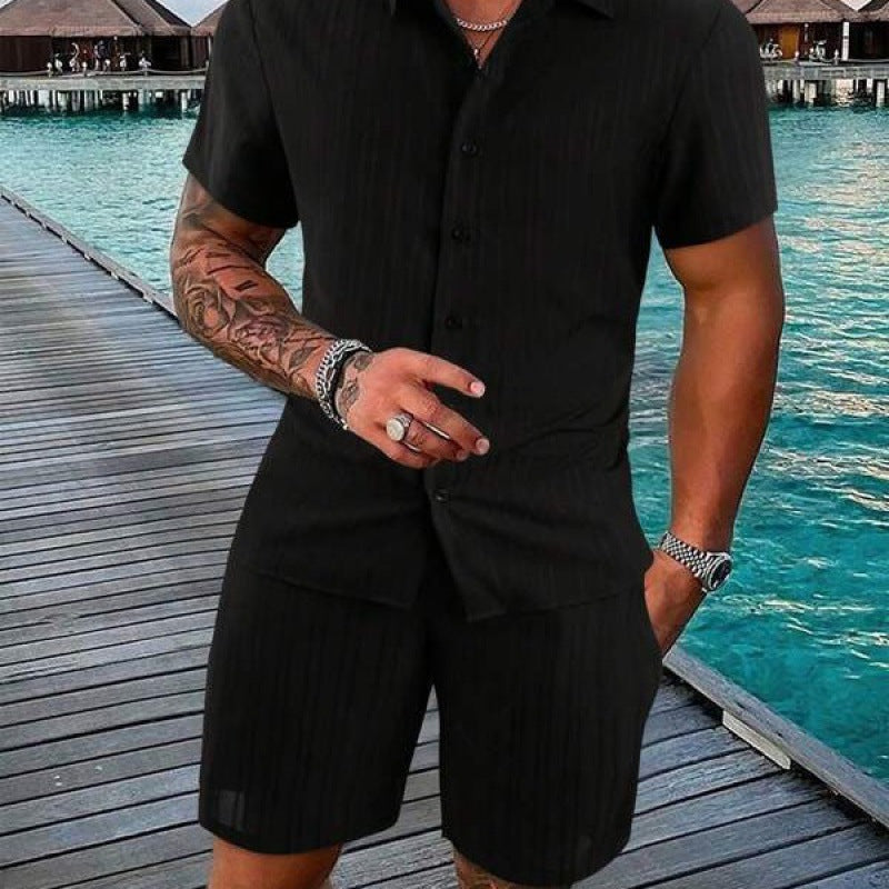 Men's short-sleeve leisure suit with textured design and elastic waistband Lisslune
