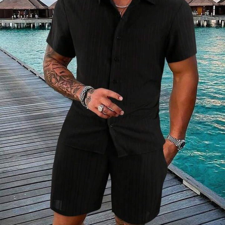 Men's short-sleeve leisure suit with textured design and elastic waistband Lisslune