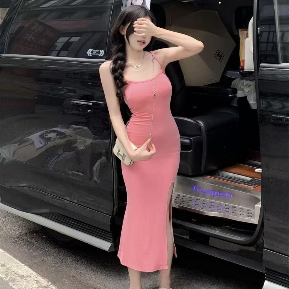 Women's fitted midi dress with spaghetti straps and high slit Lisslune