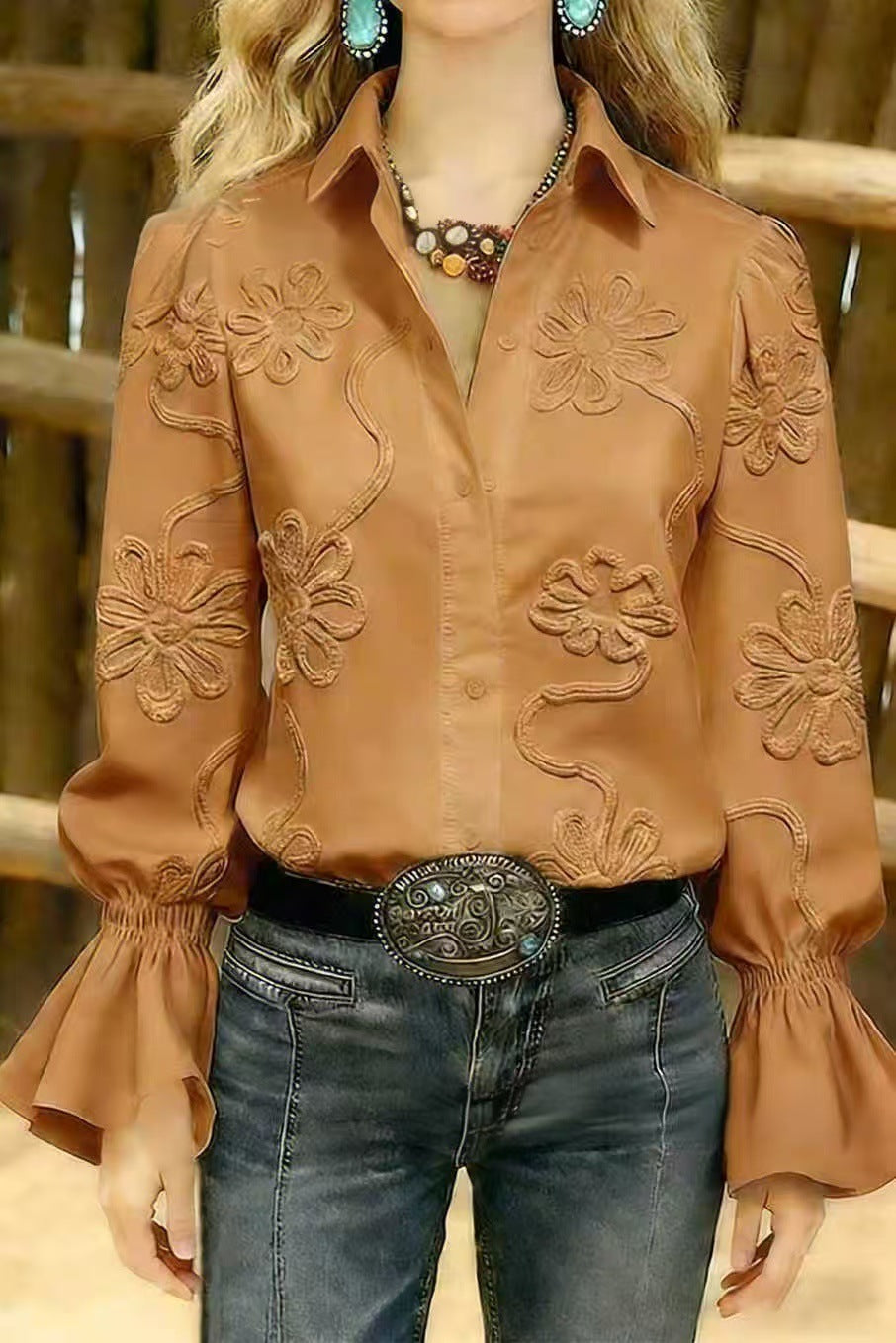 Damen elegante Bluse mit floraler Stickerei und voluminösen Ärmeln Lisslune