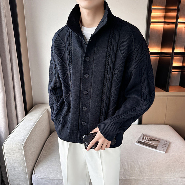 Men's chunky knit sweater with modern stand-up collar and button placket Lisslune
