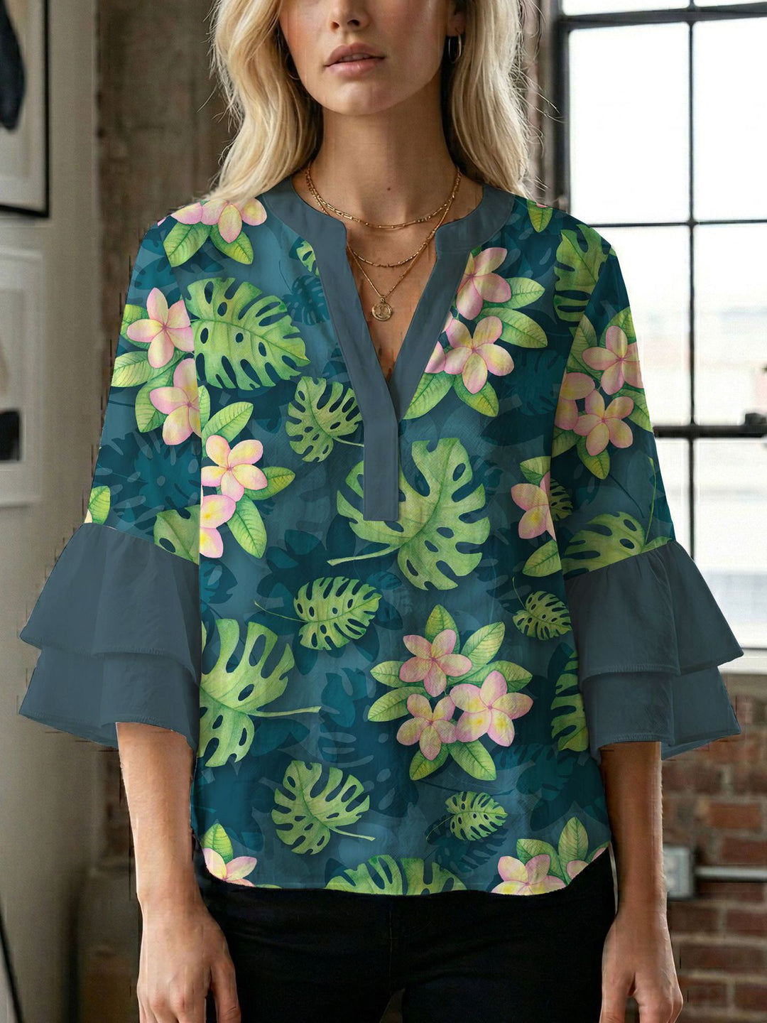 Women's blouse shirt with voluminous sleeves and creative print design Lisslune