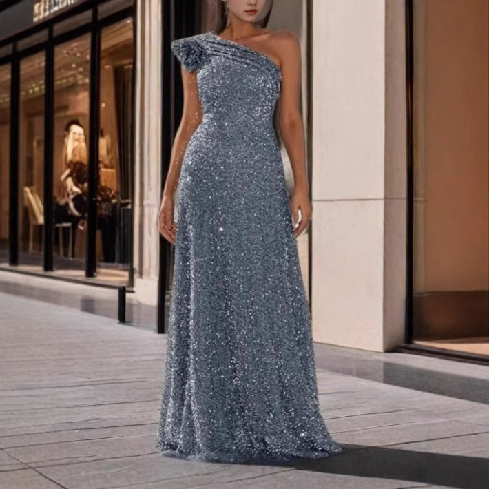 Ladies Glamorous Maxi Dress with Off-Shoulder Design and Sparkling Sequins Lisslune
