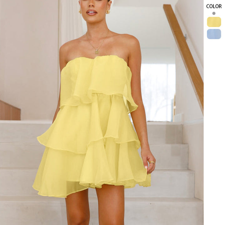 Women's Playful Chiffon Dress with Swinging Ruffle and Off-Shoulder Design
