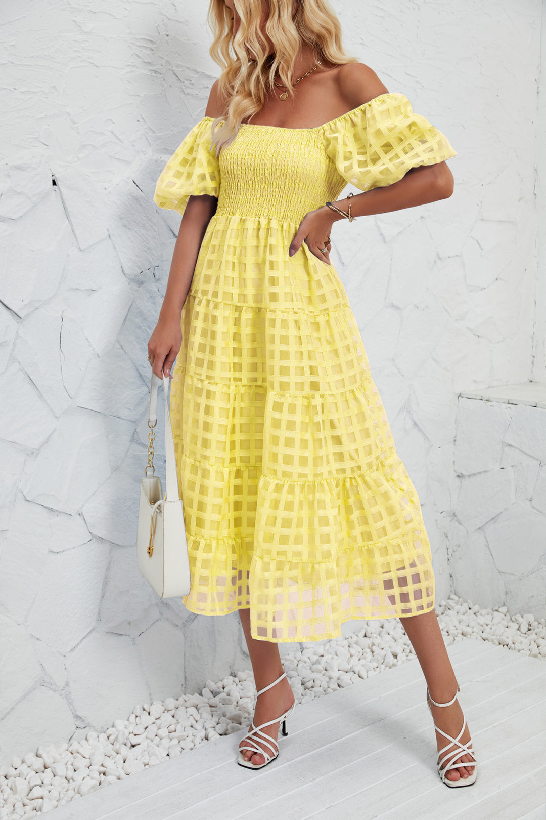 Women’s midi dress with puff sleeves and elastic waist belt Lisslune