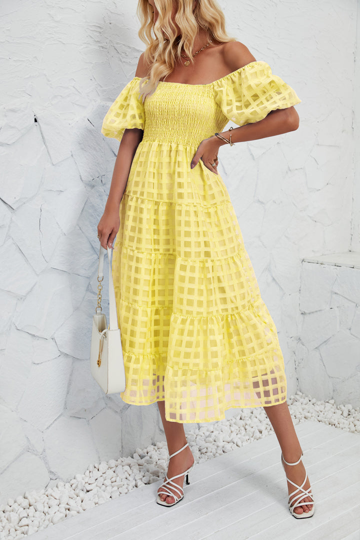 Women’s midi dress with puff sleeves and elastic waist belt Lisslune