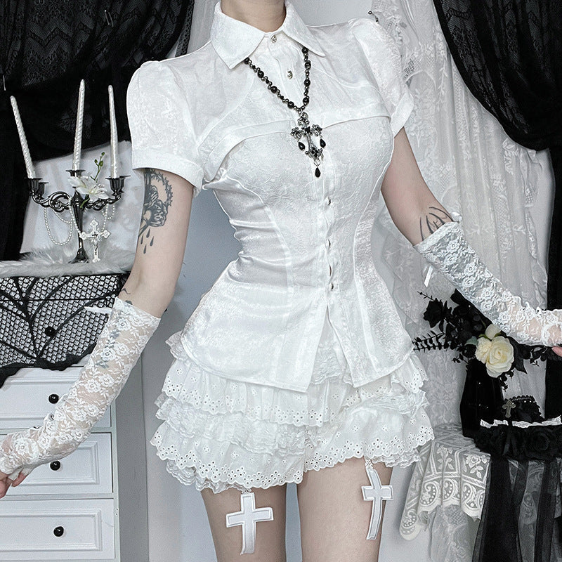 Ladies Gothic Lace Shirt with Elegant Puff Sleeves and Ruffle Details Lune London