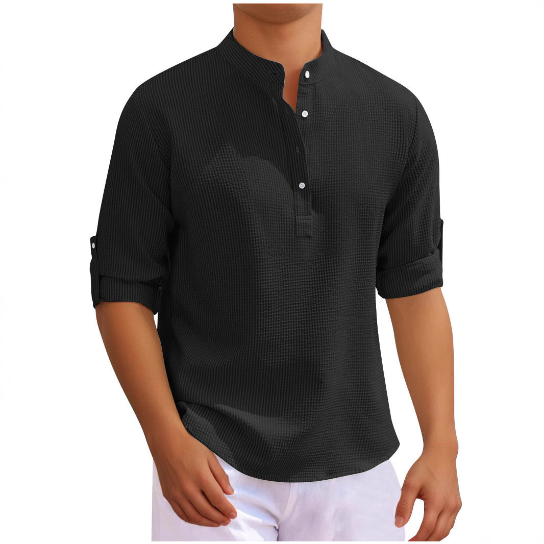 Men's casual long sleeve shirt with button placket and rollable sleeves Lisslune