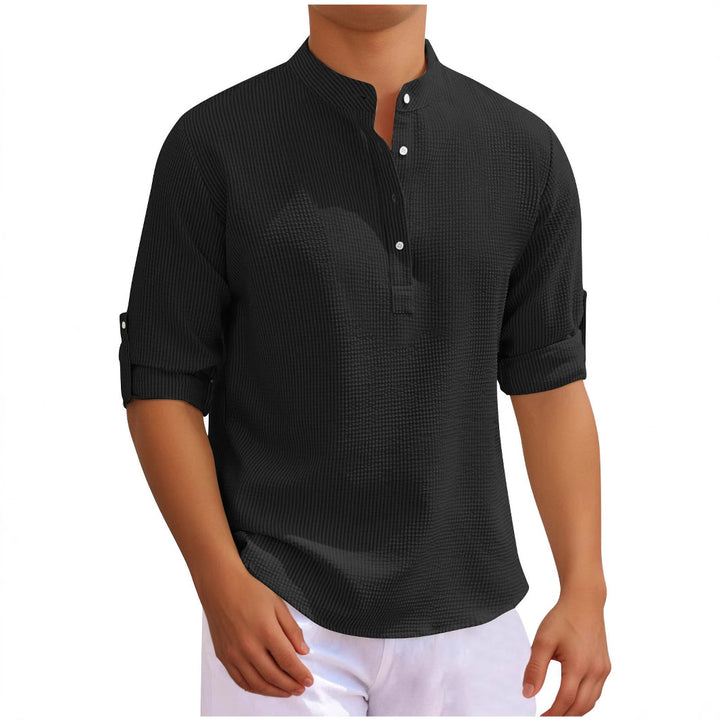 Men's casual long sleeve shirt with button placket and rollable sleeves Lisslune