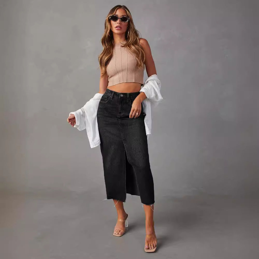 Women's high-cut denim mid skirt with side slit and frayed hems Lisslune