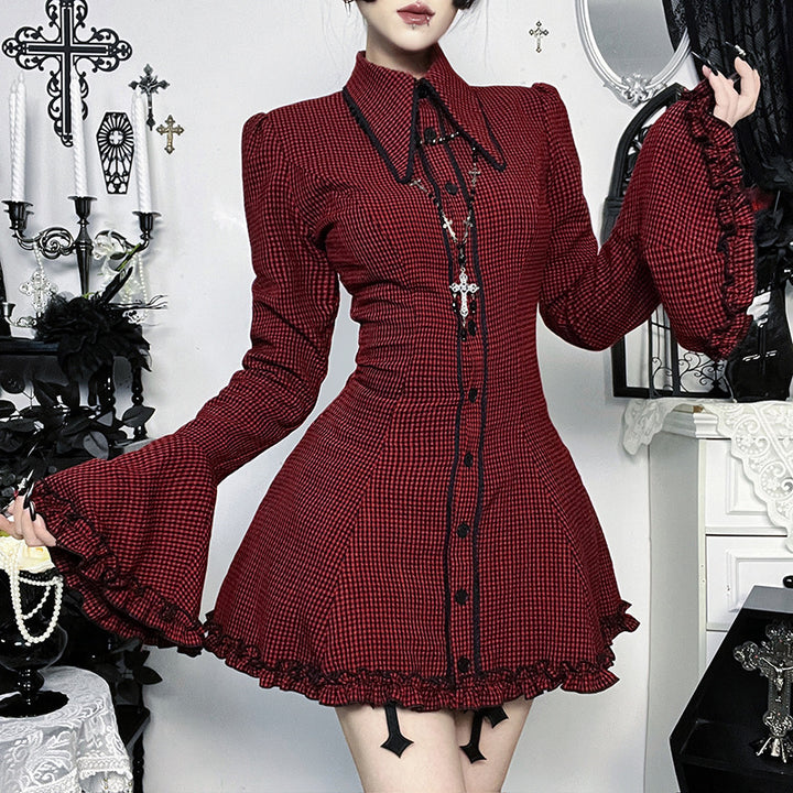 Ladies chic mini dress with ruffled sleeves and decorative collar Lune London