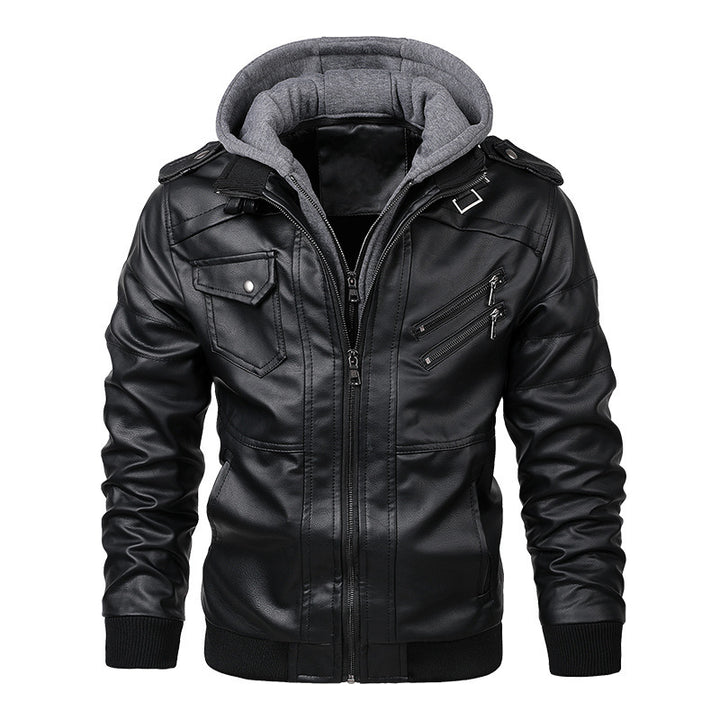 Men's Cool Leather Jacket with Integrated Hood and Versatile Pockets Lisslune