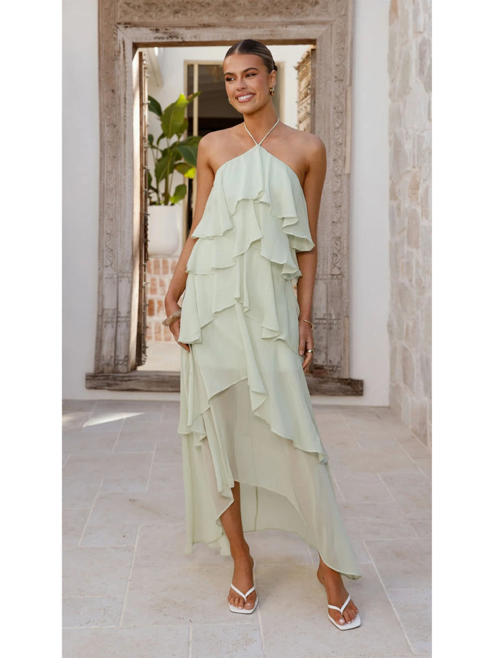 Women Ruffled Maxi Dress with Asymmetric Design and Elegant Halter Top