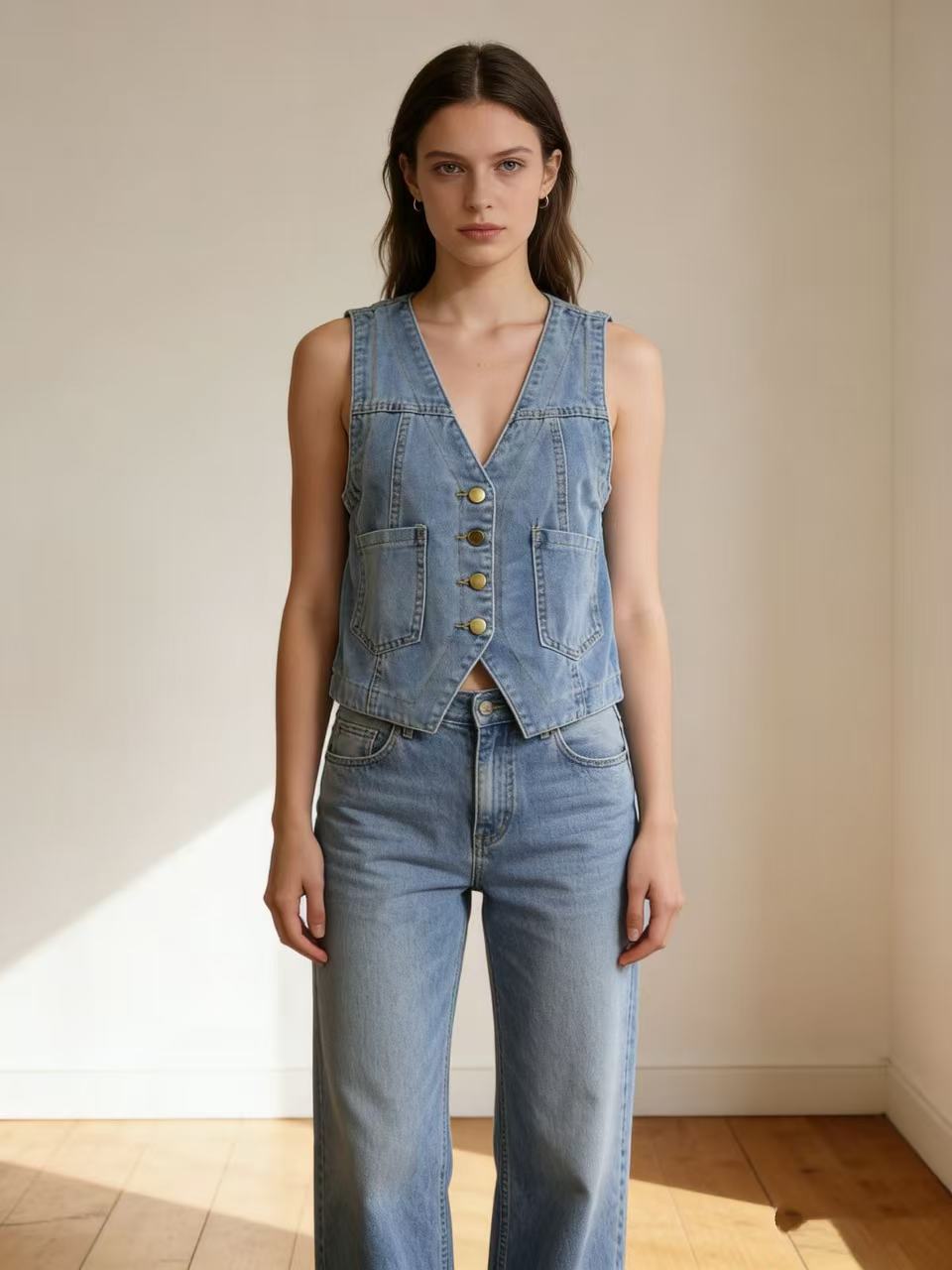 Women's Casual Denim Vest with Button Details and Patch Pockets Lisslune