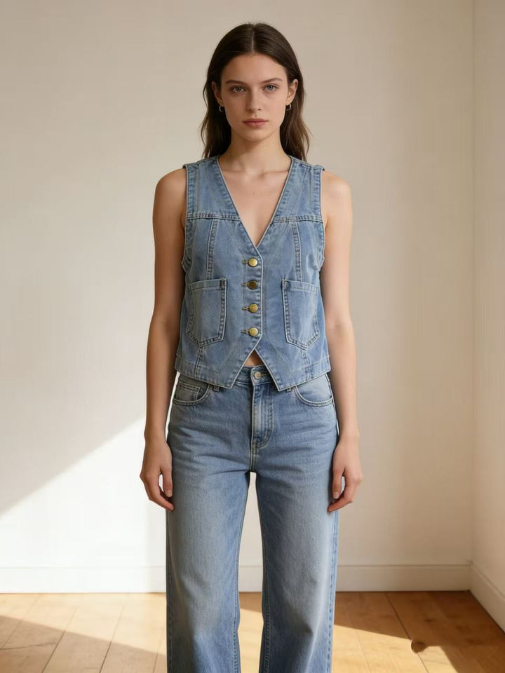 Women's Casual Denim Vest with Button Details and Patch Pockets Lisslune