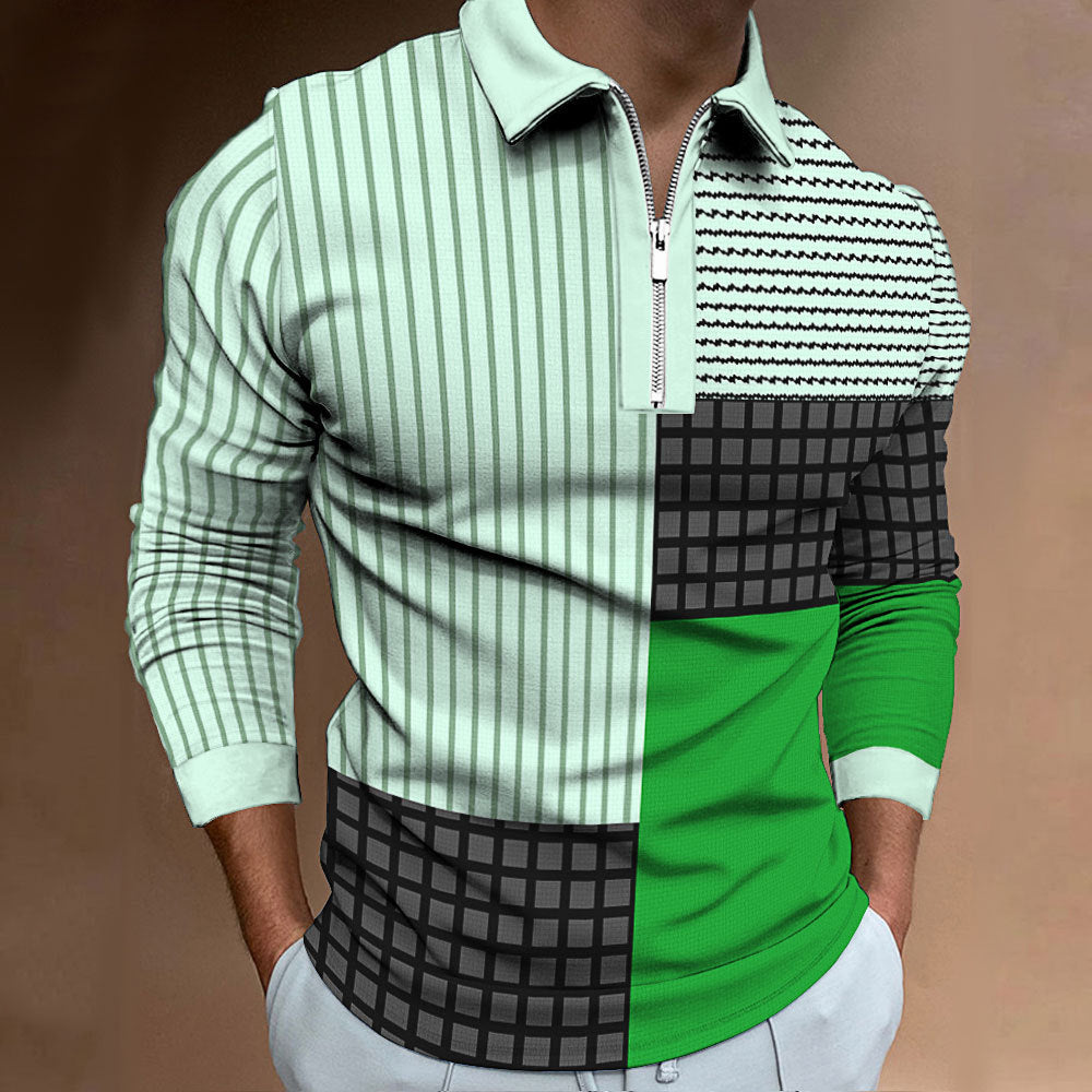 Men's Long Sleeve Polo Shirt with Modern Patchwork Design Lisslune