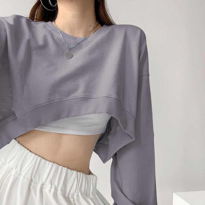 Women's Casual Crop Sweatshirt with Loose-Fitting Sleeves and Fashionable Cut