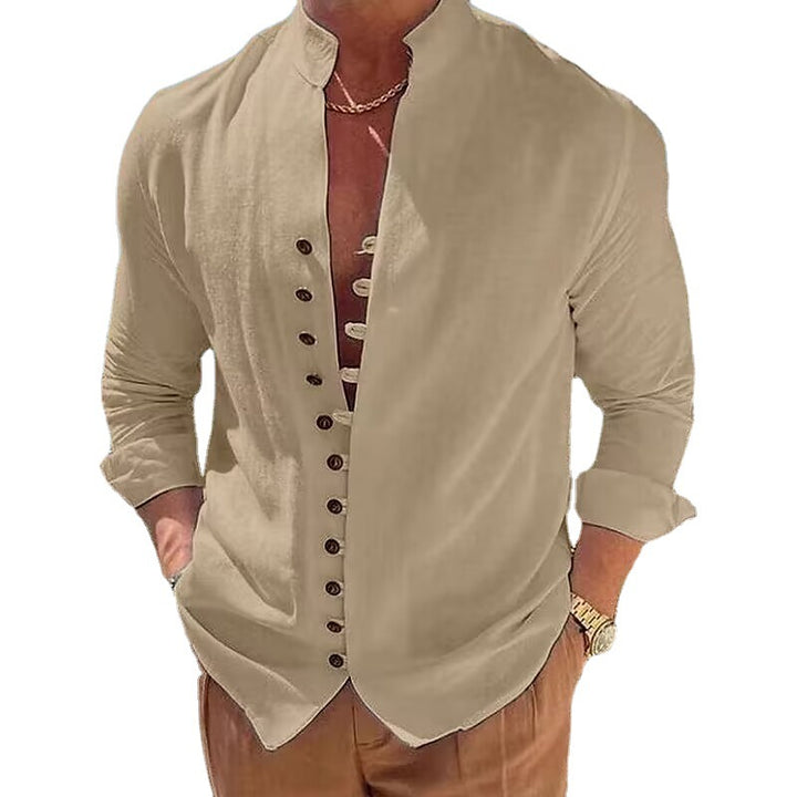 Men's long-sleeve shirt with stylish button placket and casual stand-up collar Lisslune
