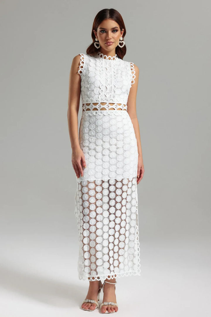 Women's Elegant Lace Maxi Dress with Transparent Inserts and Decorative Ruffle Details
