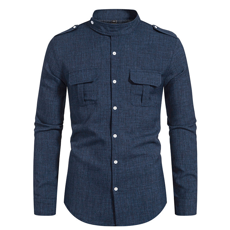 Men's long-sleeved shirt with two practical chest pockets and modern stand-up collar Lisslune