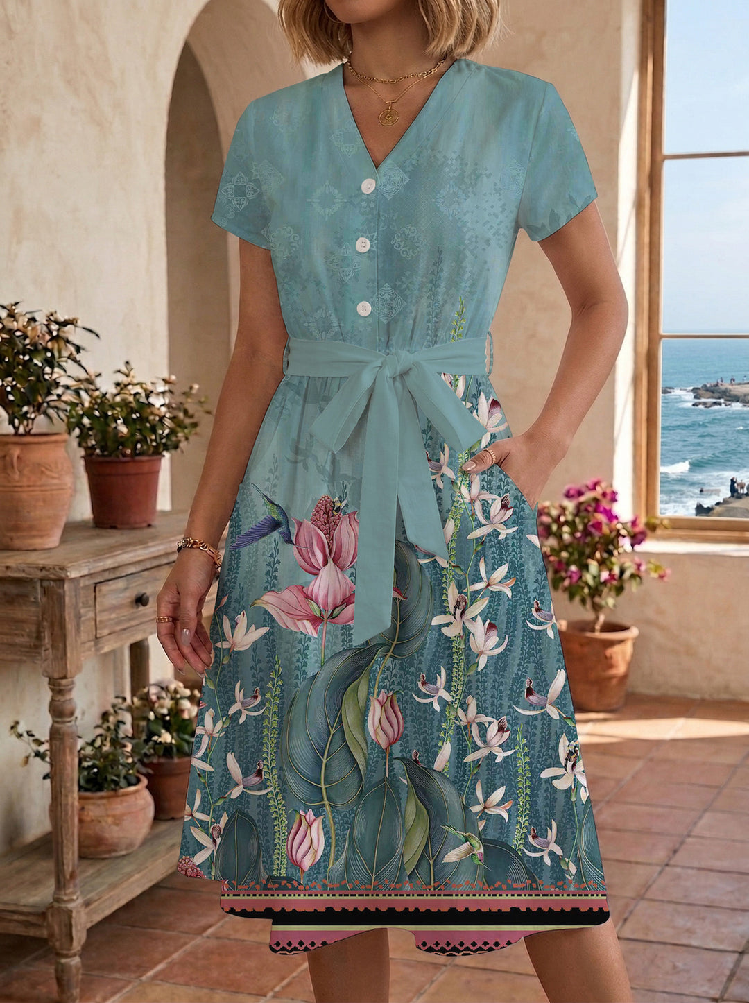 Women's Blooming Midi Dress with Adjustable Belt and Artistic Print Lisslune