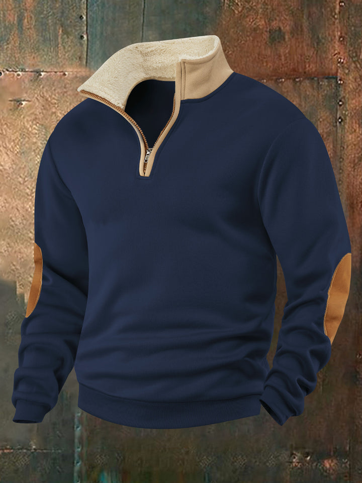 Men's fleece pullover with high collar and fashionable leather appliqués Lisslune