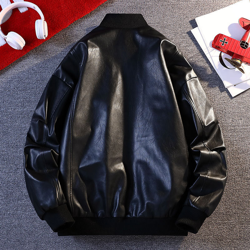 Men's Synthetic Leather Bomber Jacket with Elastic Ribbed Cuffs and Practical Pockets Lisslune