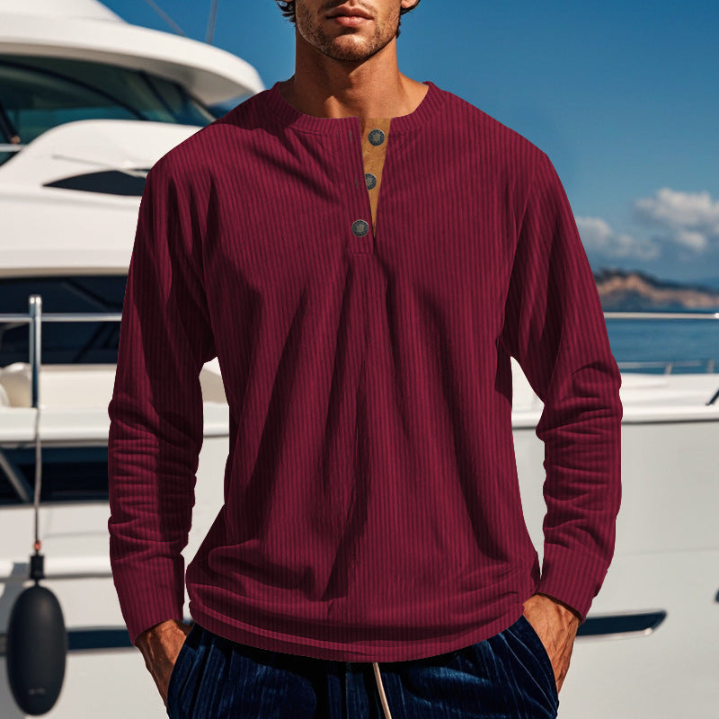 Men's long sleeve shirt with textured stand-up collar and practical button details Lisslune