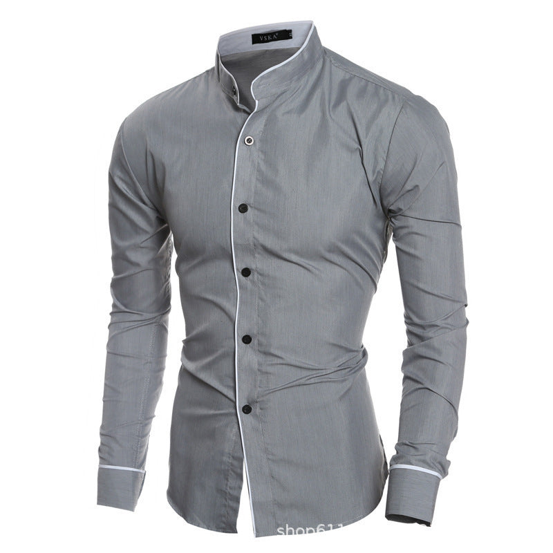 Men's long-sleeve shirt with modern stand-up collar and stylish contrast seams Lisslune