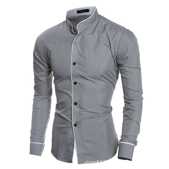 Men's long-sleeve shirt with modern stand-up collar and stylish contrast seams Lisslune