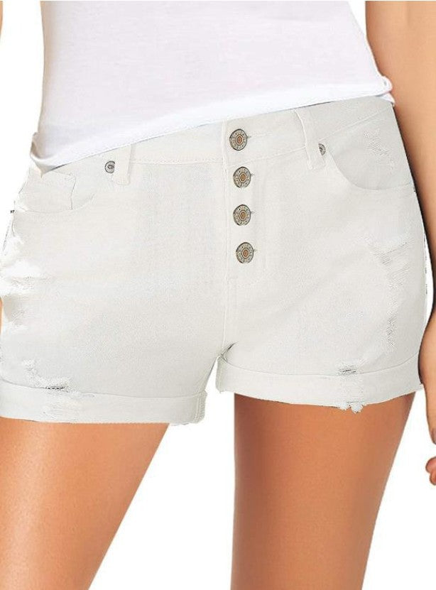 Women’s fashionable high-waist denim shorts with button details and frayed hem Lisslune