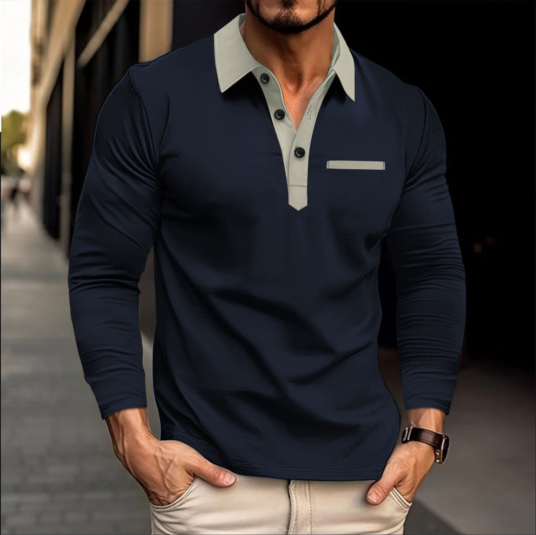 Men's Long Sleeve Polo Shirt with Modern Collar and Pockets Lisslune