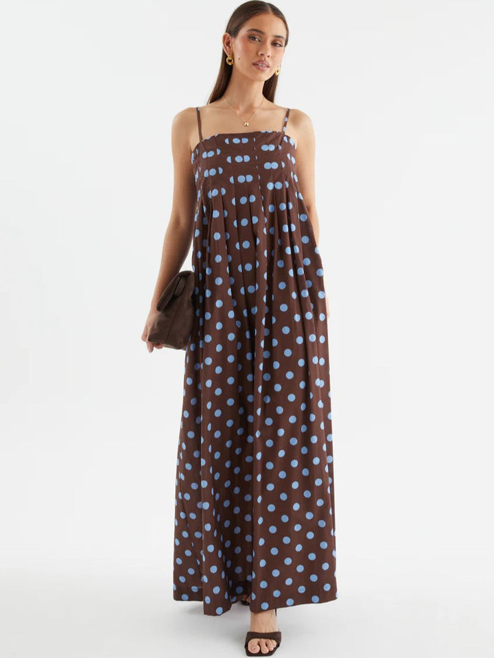 Women’s maxi dress with playful polka dot pattern and off-the-shoulder straps