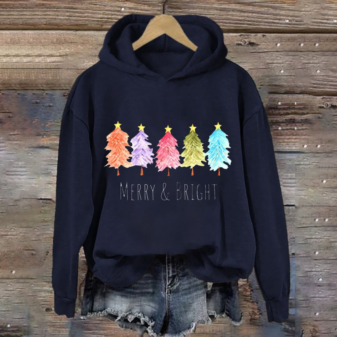 Women's Hooded Sweatshirt with Festive Tree Graphic Lisslune