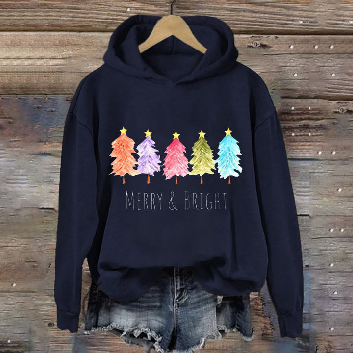 Women's Hooded Sweatshirt with Festive Tree Graphic Lisslune