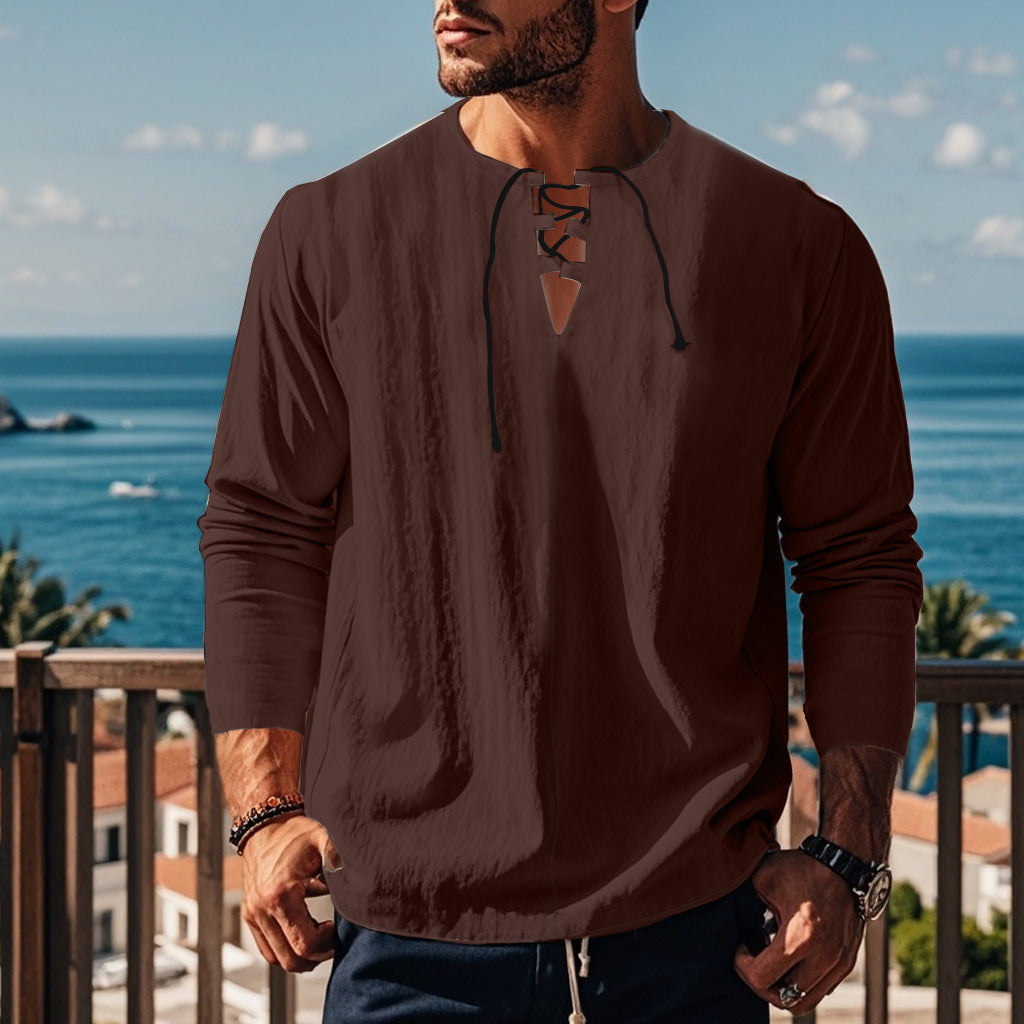 Men's casual long-sleeve shirt with neckline and lacing Lisslune