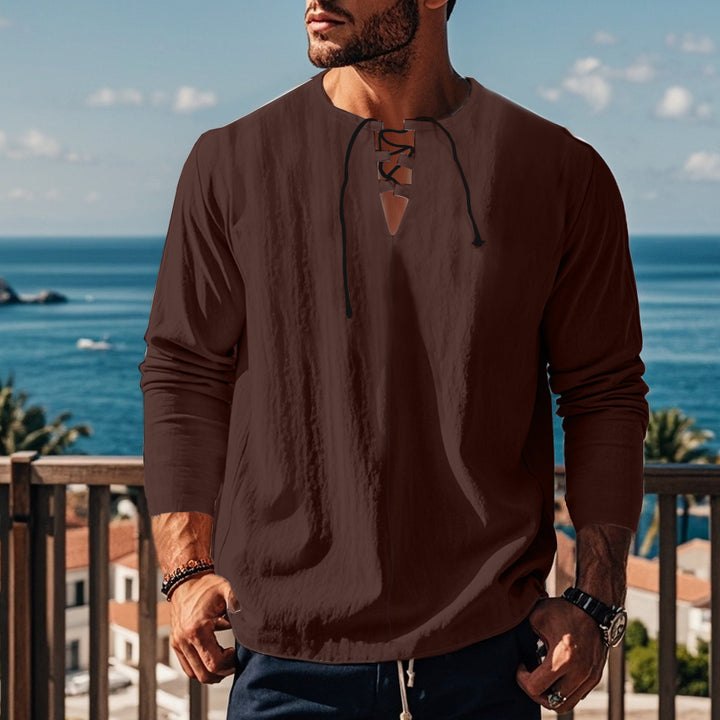 Men's casual long-sleeve shirt with neckline and lacing Lisslune