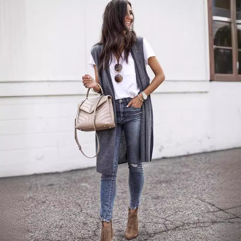 Ladies' Elegant Long Knit Vest in Casual Style