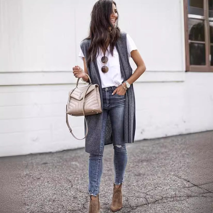 Ladies' Elegant Long Knit Vest in Casual Style