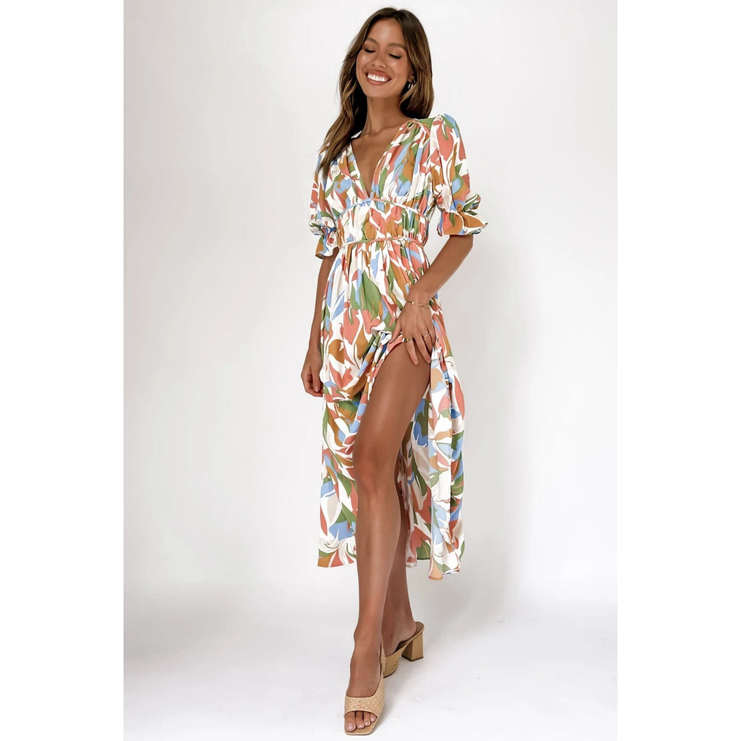 Women's maxi dress with casual V-neck and elastic waist drawstring Lune London
