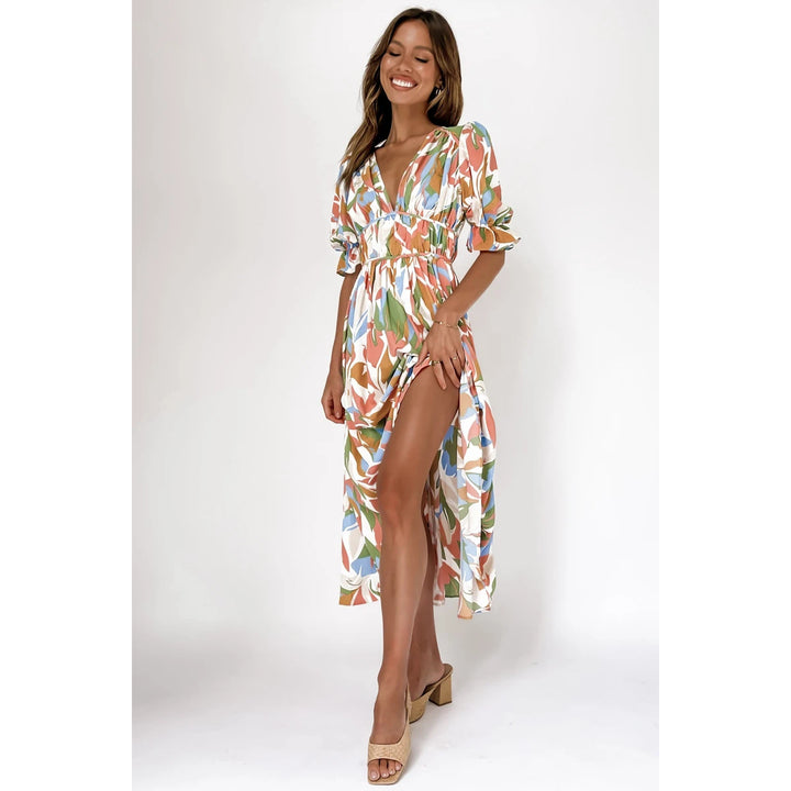 Women's maxi dress with casual V-neck and elastic waist drawstring Lune London