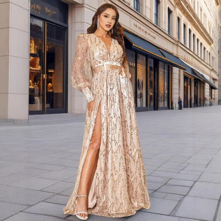 Ladies Glamorous Evening Dress with Shimmering Sequins and Deep Slit
