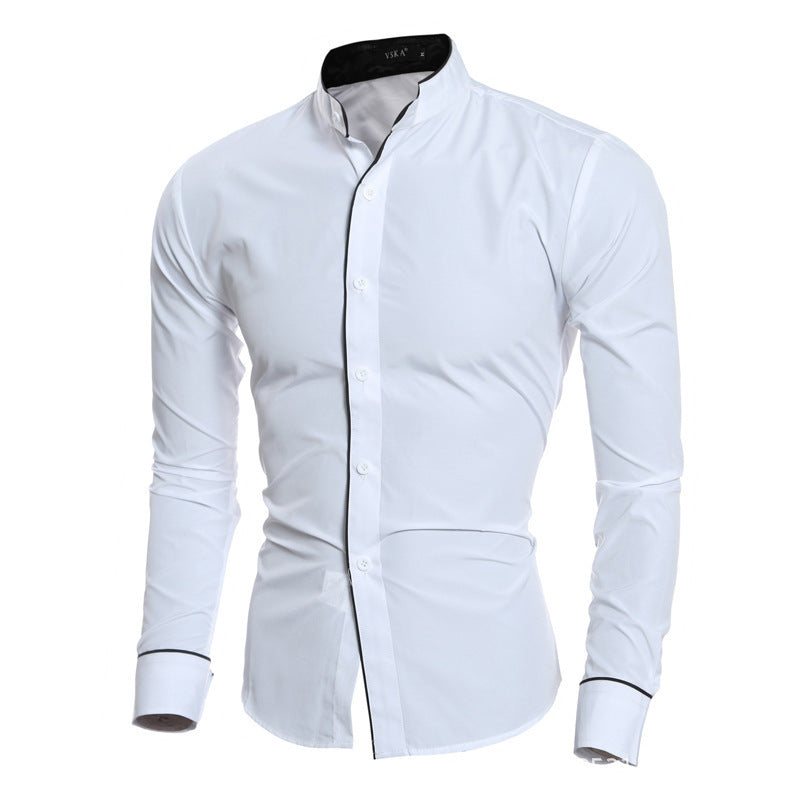 Men's long-sleeve shirt with modern stand-up collar and stylish contrast seams Lisslune